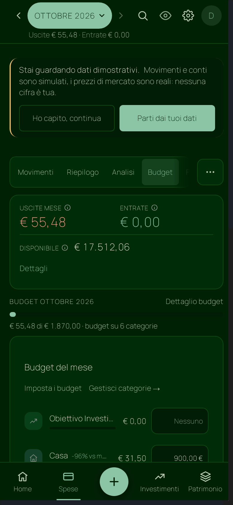 Schermata dei budget per categoria in tema scuro, con dati dimostrativi